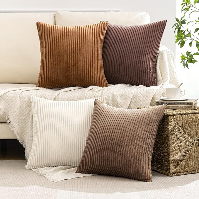 MIULEE Boho Farmhouse Throw Pillow Covers 18x18 Inch Set of 4 Rustic Mordern Neutral Cushion Covers Soft Corduroy Nordic Home Decor for Couch Bed Sofa Living Room Brown