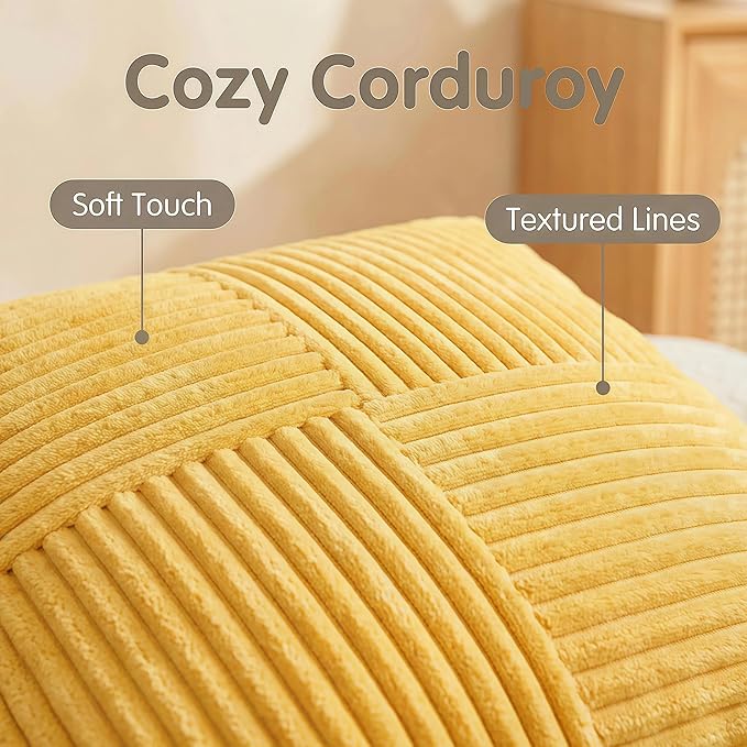 Fancy Homi 2 Packs Yellow Big Decorative Throw Pillow Covers 24x24 Inch for Couch Bed Sofa, Rustic Farmhouse Boho Home Decor, Soft Corss Corduroy Patchwork Accent Square Cushion Case 60x60 cm