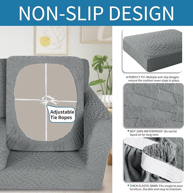 ZNSAYOTX Stretch Cushion Covers for Sofa, Individual Sofa Seat Covers Removable with Elastic Band & Ties, Sectional Couch Cushion Cover Replacement Soft Cozy Washable (3Pc, Light Gray)