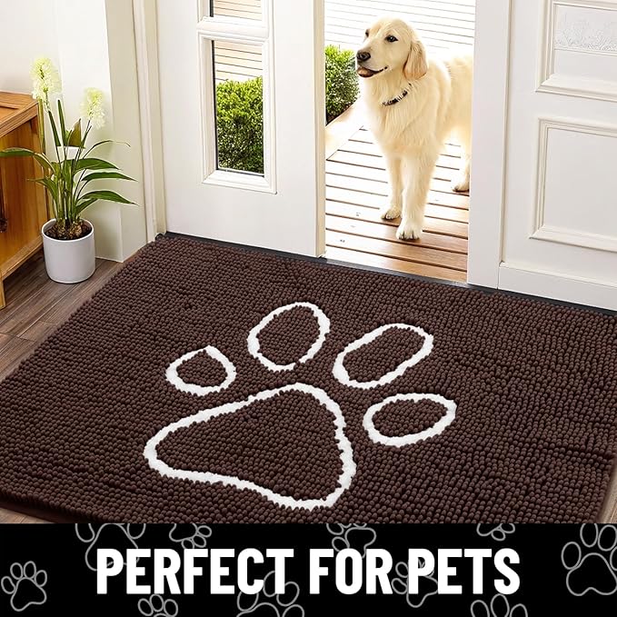 Smiry Dog Door Mat for Muddy Paws, Absorbent Dirt Trapper Non Slip Quick Dry Washable Chenille Mat for Mud Dogs, Entry Rug for Indoor and Outdoor (71x46 Inches, Brown and White)