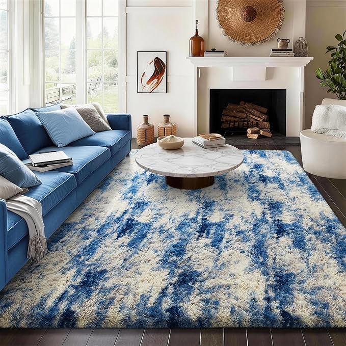 Ophanie Blue White and Grey Area Rugs for Living Room 8x10, Fluffy Shag Large Fuzzy Plush Soft Carpets, Floor Shaggy Rugs for Bedroom, Carpet for Kids Boys Girls Dorm Nursery Home Decor Aesthetic