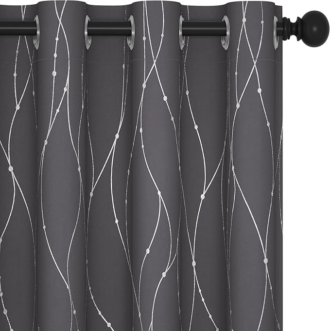Deconovo Short Curtains Grey, Blackout Kitchen Curtain, Thermal Insulated Soundproof Drapes, Wave Dots Foil Print, 38 x 36 Inches, 2 Panels, Machine‑Washable Privacy Window Panel for Small Windows