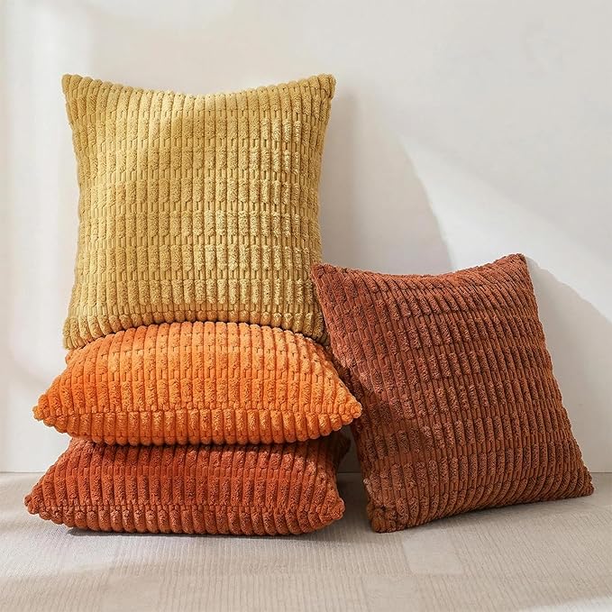 Fancy Homi Set of 4 Burnt Orange Fall Decorative Throw Pillow Covers 16x16 Inch for Couch Bed Chair, Modern Farmhouse Boho Room Decor, Soft Fuzzy Corduroy Textured Striped Cushion Case 40cm