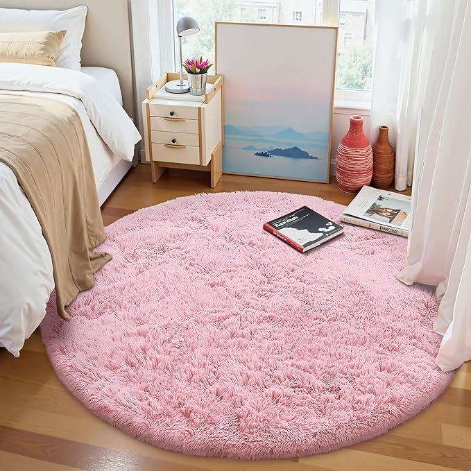 OLANLY Pink Round Rugs for Bedroom - Machine Washable, 8 ft Circle Area Rugs for Living Room, Soft and Fluffy Shaggy Carpet for Teen Girls and Boys, Nursery Rooms, Dorms, Home Decor Aesthetic