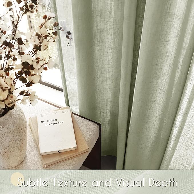 Linen Blend Sage Green Curtains 96 inch Length 2 Panels for Bedroom Back Tab Light Filtering Semi Sheer Drapes Linen Cotton Textured Light Green Airy Modern Farmhouse Living Room Sage Aesthetic Decor