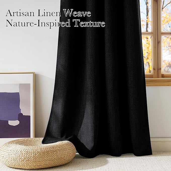 NICETOWN Short Faux Linen Black Blackout Curtains 63 inches Long for Kitchen - Privacy Panels for Living Room Bedroom, Modern Farmhouse Style Easy Care Grommet Top, 2 Panels, W42 by L63