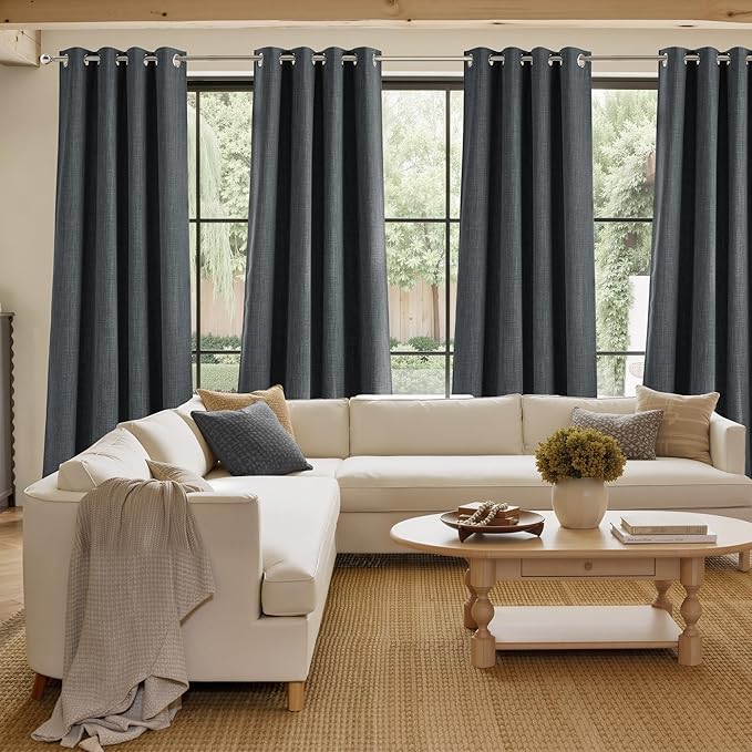 NICETOWN Faux Linen Charcoal Gray Blackout Curtains 84 inches Long for Living Room - Privacy Panels for Bedroom, Modern Farmhouse Style Easy Care Grommet Top, 2 Panels, W52 by L84