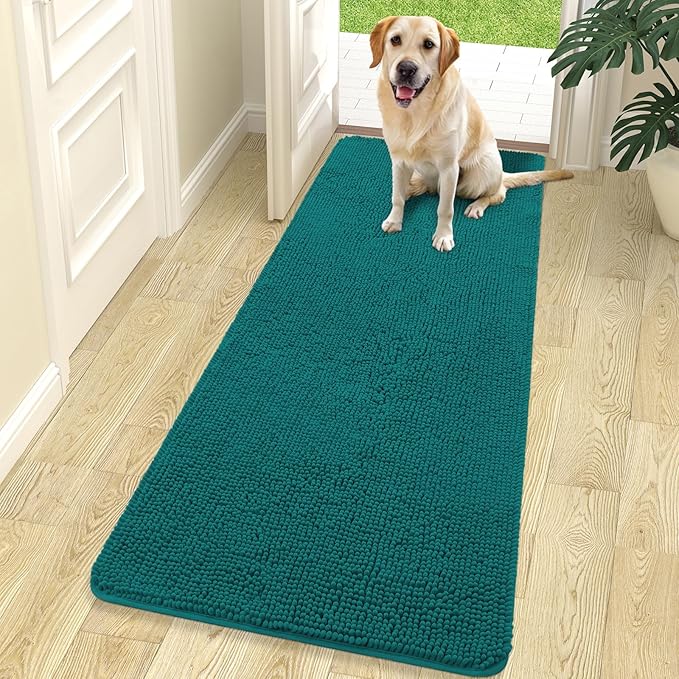 OLANLY Dog Door Mat for Muddy Paws 70x24, Absorbs Moisture and Dirt, Absorbent Non-Slip Washable Doormat, Quick Dry Chenille Mud Mat for Dogs, Entry Indoor Entryway Carpet for Inside Floor, Lake Blue