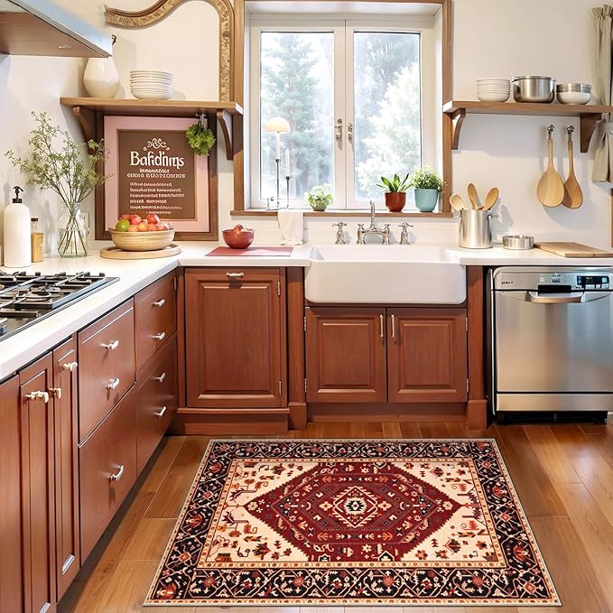 SERISSA Boho Rugs for Entryway, 2x3 Washable Non-Slip Entryway Rug Small Area Rug, Ultra Soft Oriental Vintage Red Black Low-Pile Indoor Door Mat Floor Carpet for Entrance Bedroom Kitchen Bathroom
