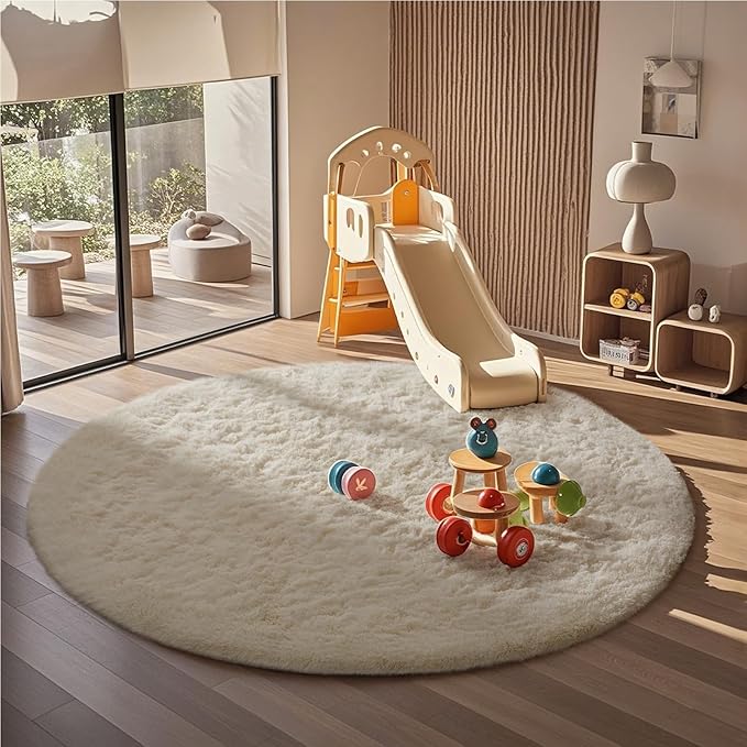 Ophanie Round Rugs 6Ft Ivory Circle Area Rug, Aesthetic Room Decor, Fluffy Fuzzy Bedroom Carpet, Plush Soft Shaggy Cream Living Room Rugs for Kids Home Decor, Nursery