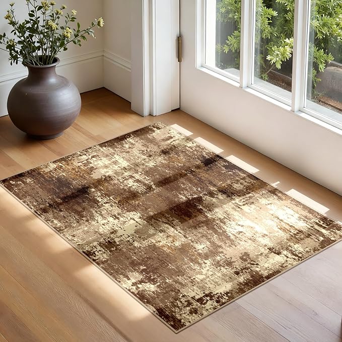 Washable Area Rugs 2'x3' Non-Slip Modern Abstract Soft for Living Room Entryway Bedroom Nursery, Print Pattern, Brown Tan Beige Coffee