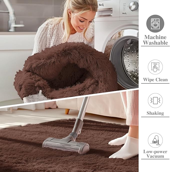 OLANLY 3x3 Machine Washable Small Bedside Rug, Soft Fluffy Shaggy Entryway Throw Rugs for Bedroom, Living Room, Indoor Floor Carpet for Kids Girls and Boys, Nursery Rooms, Home Decor Aesthetic, Coffee