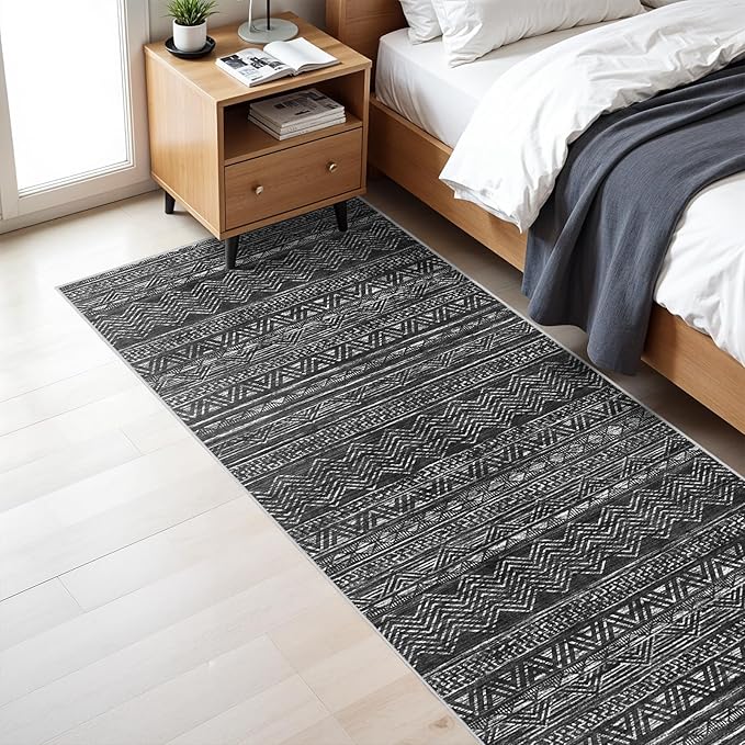 3x7 Washable Hallway Runner Rug - Moroccan Non-Slip Indoor Table Long Runners for Entryway Soft Low-Pile Neutral Rugs for Kitchen Waterproof Geometric Carpet for Bedroom Bathroom Laundry 3x7 Black