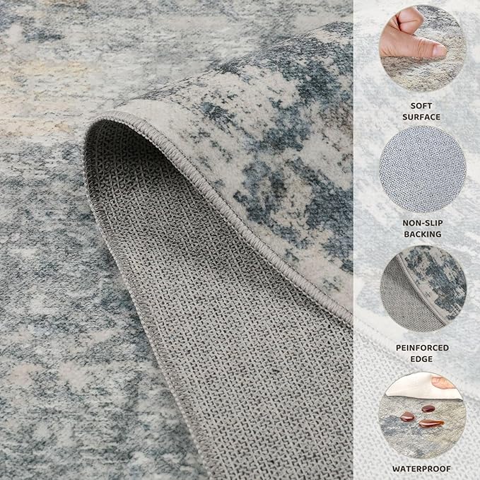 UERMEI 2x3 Entryway Area Rug: Washable Neutral Modern Abstract Small Rug - Non-Slip Low Pile Throw Indoor Carpet for Entrance Kitchen Front Door Mat Bathroom Entry Kids Room - Blue Grey