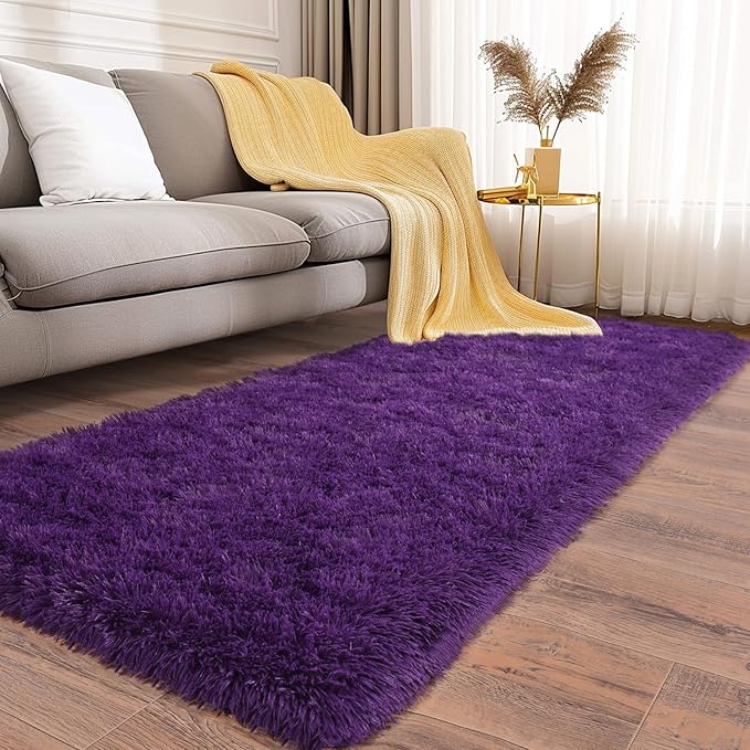 Soft Runner Rugs for Bedroom Hallways, 2 Packs 2x6 Purple Fluffy Shag Throw Area Rug Non Slip for Bedside Dorm, Long Shaggy Furry Carpet for Nursery Living Room