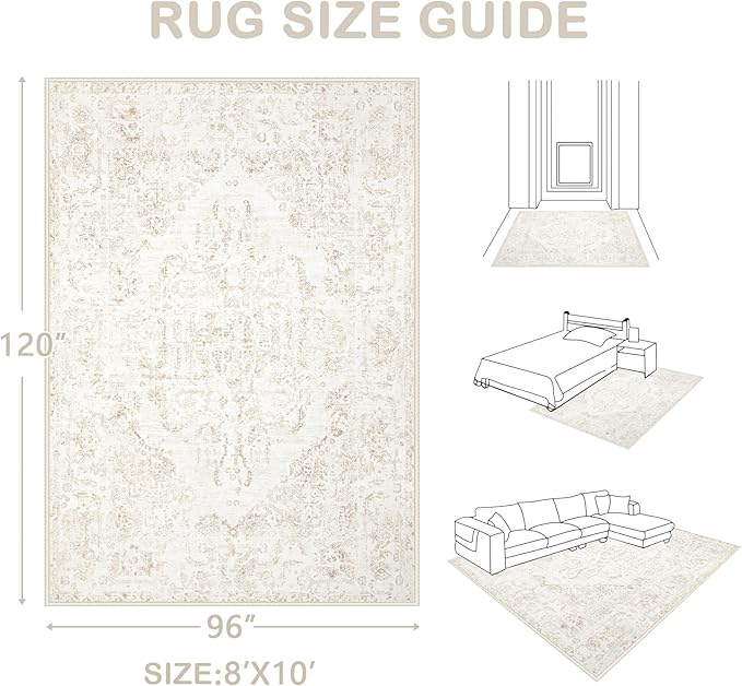 8x10 Area Rugs for Living Room: Washable Rug Vintage Large Rugs Soft Non Slip Low Pile Rug Floral Distressed Floor Carpet for Bedroom Kitchen Nursery Dining Room Home Office (Beige, 8'x10')