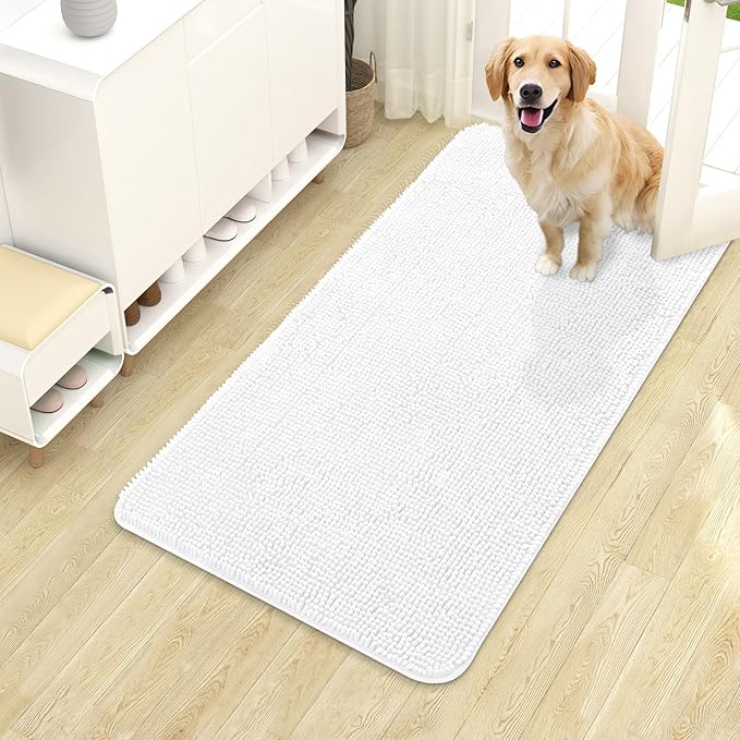OLANLY Dog Door Mat for Muddy Paws 40x24, Absorbs Moisture and Dirt, Absorbent Non-Slip Washable Doormat, Quick Dry Chenille Mud Mat for Dogs, Entry Indoor Entryway Carpet for Inside Floor, White
