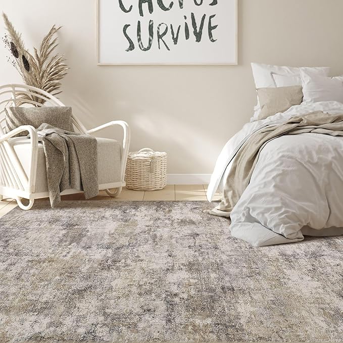 Nakagishi 6x9 Area Rugs Living Room: Washable Abstract Large Neutral Soft Rug Stain Resistant Modern Indoor Floor Non-Slip Carpet for Bedroom Nursery Kids Playroom Office Dining Room Dorm- Brown Grey