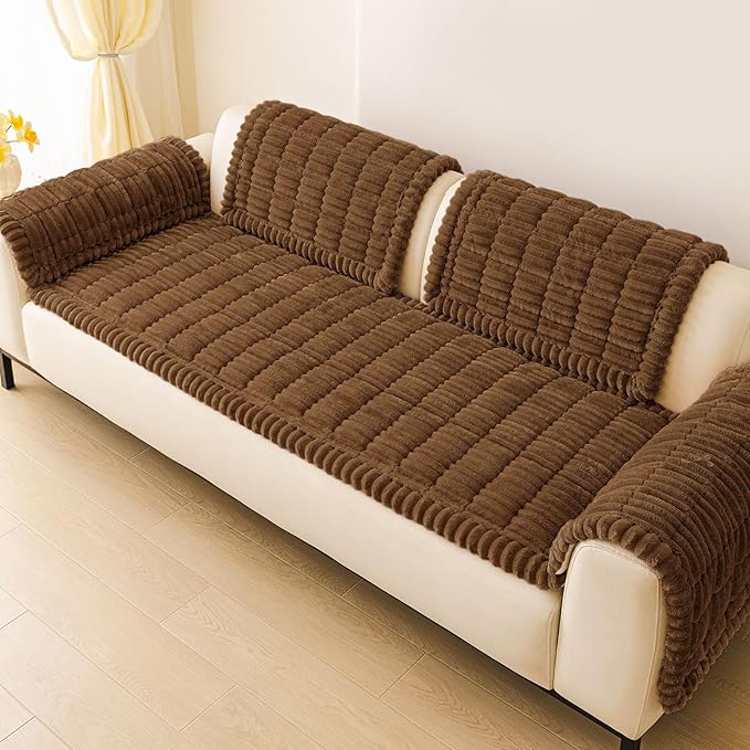 hyha Couch Covers for Dogs Washable, Non Slip Plush Dog Sofa Protectors, Fuzzy Pet Couch Covers for 3 Cushion Sofa Pet Friendly (Brown, 27.6" x 88")