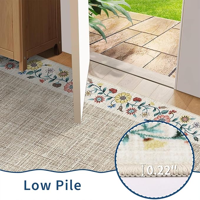 GarveeHome Washable Area Rugs for Bedroom 5x7 Living Room Modern Floral Throw Rugs Non-Slip Lightweight Thin Carpet Modern Farmhouse Print Non-Shedding Soft Low Pile Floor Cover, Light Camel