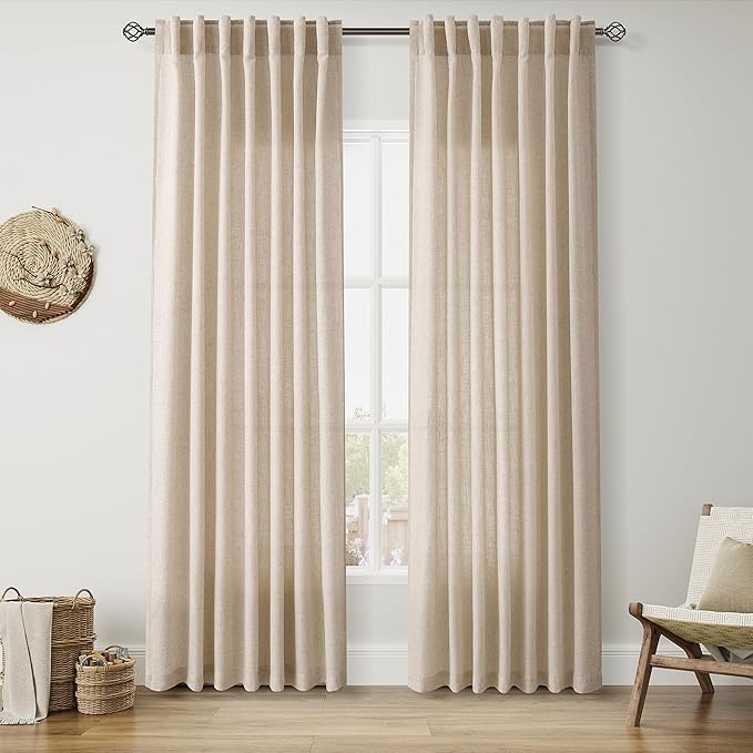 Nanspring Grey Flax Linen Curtains 84 Inch Length 2 Panels Set for Living Room Luxury Light Filtering Mordern Boho Curtain Back Tab and Rod Pocket Privacy Sheer Drapes for Bedroom Office 52x84
