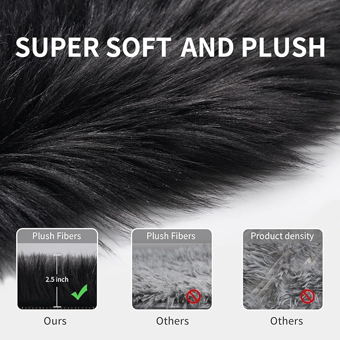 Black Faux Fur Rug for Bedroom 3'x5' Soft Shag Fuzzy Rugs for Living Room, Furry Bedside Nursery Rug Plush Indoor Floor Carpet for Kids Room Teen Dorm