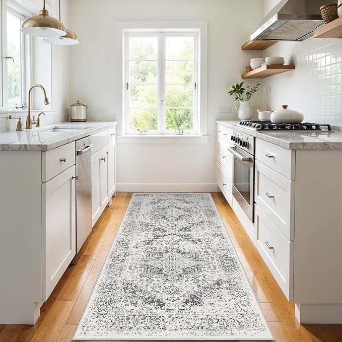 3x6 Washable Hallway Runner Rug - Non Slip Kitchen Runner Rugs with Rubber Backing Vintage Low-Pile Carpet Runners for Entryway Dining Room Laundry Room Home Decor (Distessed Grey)
