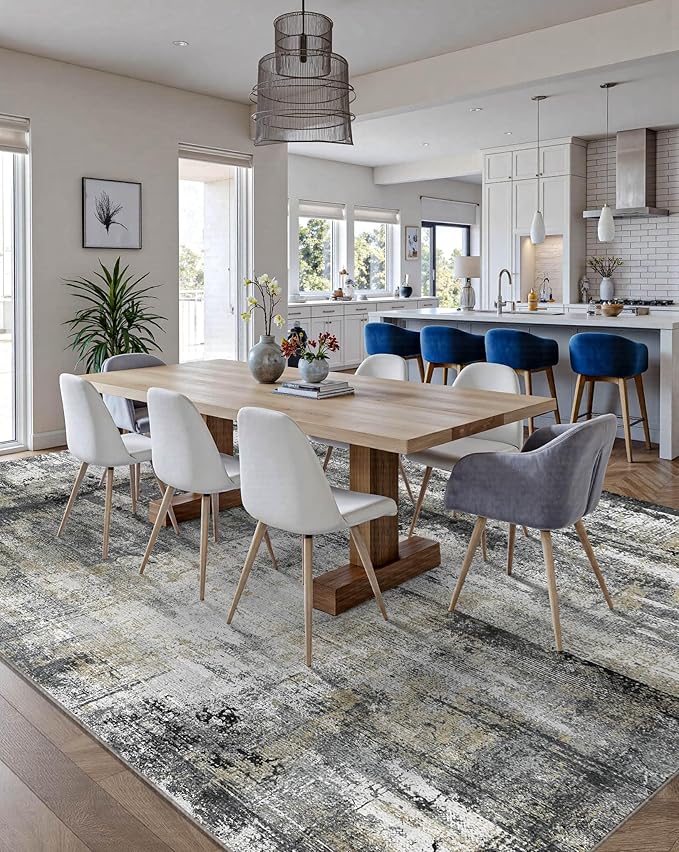 Latte&Fog 6x9 Area Rugs for Living Room Bedroom, Black Modern Abstract Neutral Washable Rug, Boho Non Slip Low Pile Carpet for Dining Room, Dorm,Classroom,College Dorm and Farmhouse - Black Gold