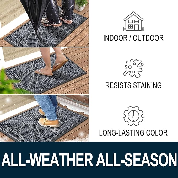 Colorxy Waterproof Doormat, Sturdy Natural Rubber Front Indoor Mat, Non Slip Low Profile Indoor Outdoor Door Mats, Stain and Fade Resistant Floor Mat, Easy Clean Patio Entrance Mat, 47''x17'', Grey