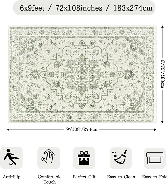Madane 6x9 Area Rugs for Living Room, Vintage Stain Resistant Area Rug, Washable Floral Print Thin Floor Carpet with Non-Slip Backing for Bedroom Dining Room, Green/Ivory