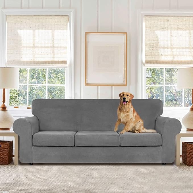 WEERRW 4 Pieces Velvet High Stretch Couch Covers for 3 Cushion Couch Sofa Slipcovers, Washable Furniture Protector with Non Slip Elastic Bottom, Feature Soft and Thick Plush Fabric, Light Grey, Large