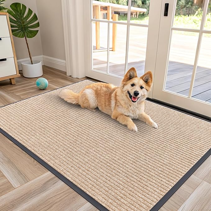 OLANLY Front Door Mat Indoor Outdoor Entrance, Waterproof Heavy Duty Doormat, Fade Resistant, Low Profile, Easy Clean Patio Porch Welcome Floor Mats for Entry, 47x30, Beige