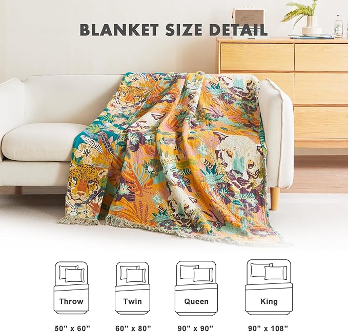 MSGKV Throw Blanket for Couch Bed Cotton Leopard Animals Twin Size Blanket 60"x80" Muslin Spring Breathable All Seasons Lightweight Farmhouse Blankets