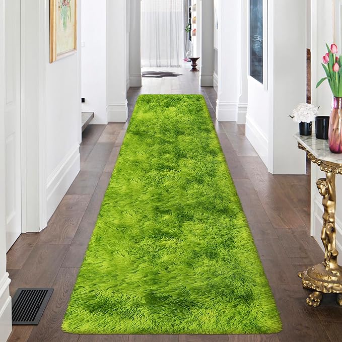 Tie-Dyed Runner Rug for Bedroom Green 2x8ft Fluffy Area Rug Bedside Runner Rug for Kids Room Boys Teens Nursery Baby Living Room Dorm Home Decor Carpets