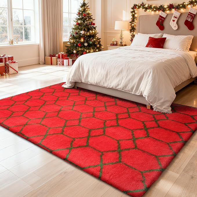 Shag Area Rug for Bedroom 4x6,Fluffy Area Rugs for Living Room,Geometric Soft Fuzzy Rug Non-Shedding Indoor Plush Carpet for Kids Bedroom Nursery Dorm Home Christmas,Red and Green