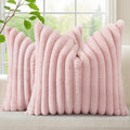 decorUhome Summer Cozy Faux Fur Throw Pillow Covers 22x22 Set of 2 Decorative Soft Plush Striped Modern Farmhouse Boho Couch Euro Sham Pillow Cases with Velvet Back for Sofa Bed Living Room, Pink