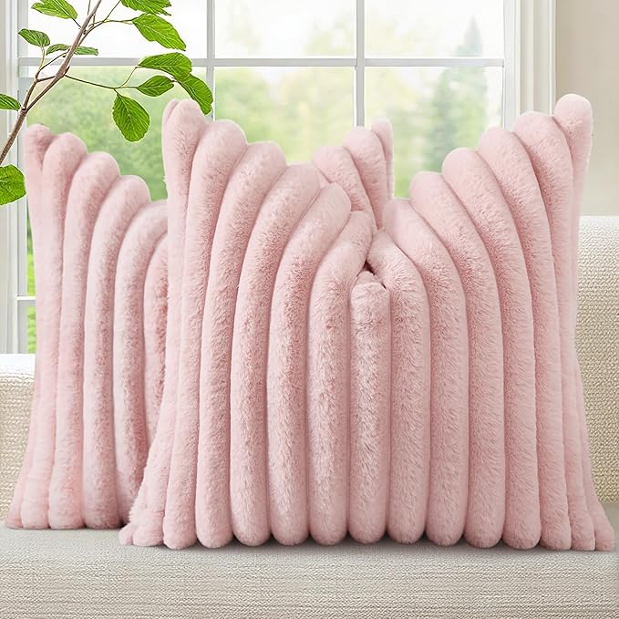 decorUhome Summer Cozy Faux Fur Throw Pillow Covers 22x22 Set of 2 Decorative Soft Plush Striped Modern Farmhouse Boho Couch Euro Sham Pillow Cases with Velvet Back for Sofa Bed Living Room, Pink