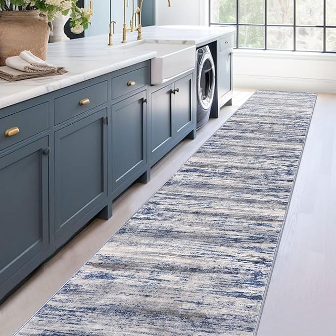 KOZYFLY Modern Abstract Washable Rug Runner 2.6x16 Hallway Rug Runner Non-Slip Soft Kitchen Runner Rugs, Grey-Blue Striped Carpet for Stair Entryway Bathroom Laundry Room Foyer