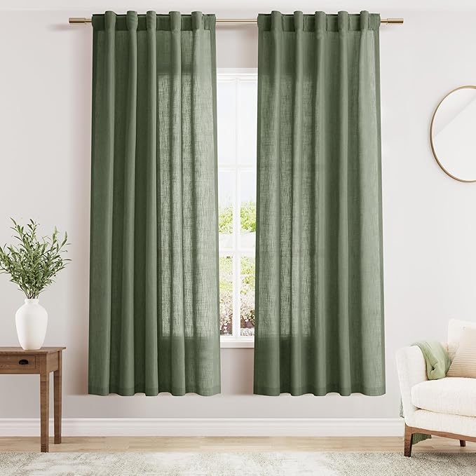 Olive Green Linen Curtains 72 Inch Length 2 Panel Set Back Tab Semi Sheer Light Filtering Breathability Short Curtain Farmhosue Country Style Bay Window for Living Room Bedroom 40x72
