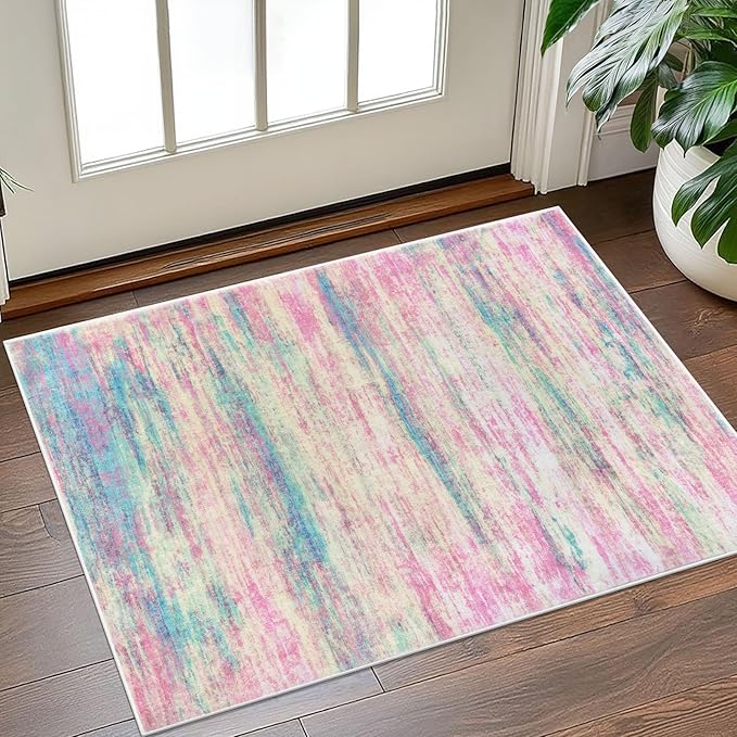 KOZYFLY Modern Abstract Small Area Rugs 2x3, Washable Indoor Front Door Mat Non-Slip Soft Small Bathroom Rug, Entryway Rugs Abstract Print Faux Wool Doormat Kitchen Mats, Multi Pink