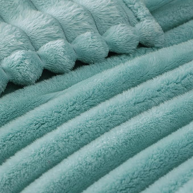 Exclusivo Mezcla Twin Size Flannel Fleece Blanket, Super Soft Striped Jacquard Bed Blanket, Lightweight Fuzzy Cozy for All Seasons, 60x80 Inches, Celadon