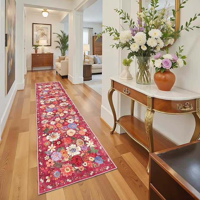 Rug for Hallways Kitchen Rug 2'6" x 14', Non Slip Washable Rugs with Rubber Backing Soft Floral Carpet Runner for Hallways, Kitchen, Laundry, Bedroom, Bathroom(2.6 x 14, Red Garden)
