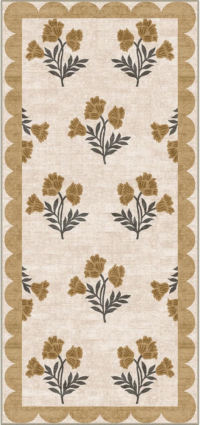 Front Door Mat Indoor Entrance - 2x4.3 Ft Floral Washable Layered Doormat Outdoor Entrance Spring Porch Rug Non-Slip Beige Boho Runner Rug for Kitchen Hallway Bedroom Laundry Room Porch Decor