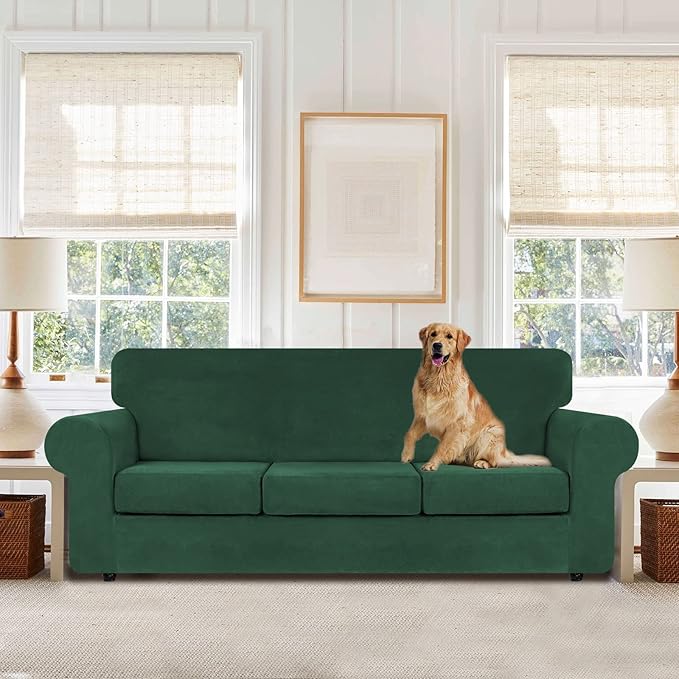 WEERRW 4 Pieces Velvet High Stretch Couch Covers for 3 Cushion Couch Sofa Slipcovers, Washable Furniture Protector with Non Slip Elastic Bottom, Feature Soft Plush Fabric, Emerald Green, Large