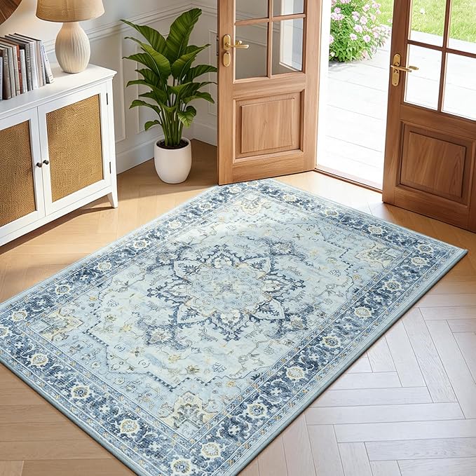 Lofus 3x5 Area Rugs for Entryway, Machine Washable Small Living Room Area Rug, Low Pile Non-Slip Rugs for Bedroom, Kitchen, Home Office, Vintage Oriental Print Rug, Blue Gold
