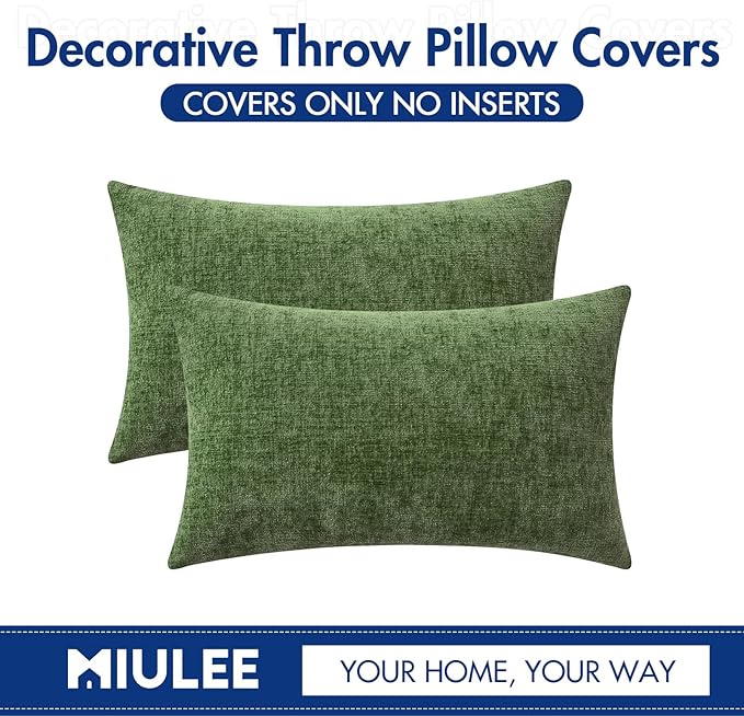 MIULEE Pack of 2 Couch Throw Pillow Covers 12x20Inch Soft Moss Green Spring Chenille Lumbar Pillow Covers for Sofa Living Room Solid Dyed Cases