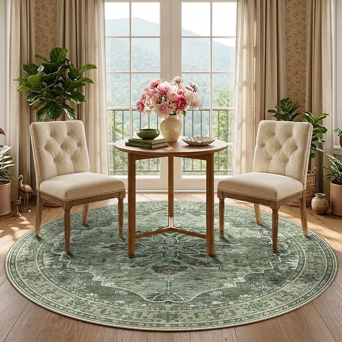 RELEANY Area Rugs 5ft Washable Non-Slip, Floral Vintage Distress Print Pattern Medallion Carpet for Living Room Bedroom Dining Room, Dark Green Gray