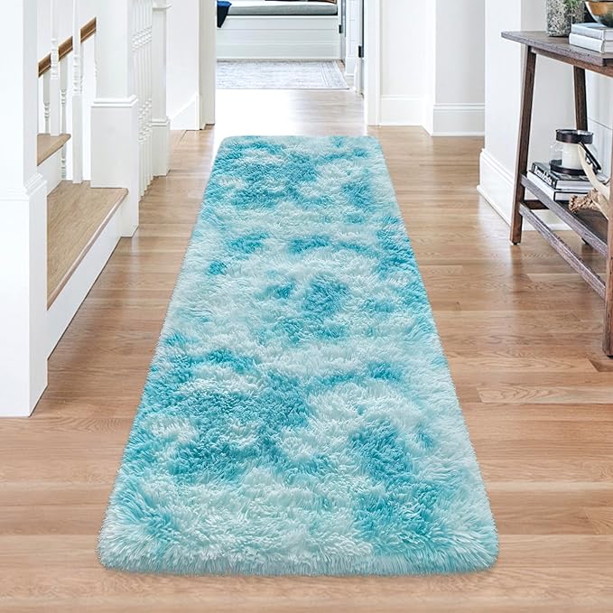 Tie-Dyed Sky Blue 2x6 Machine Washable Runner Rugs for Hallway Soft Fluffy Shaggy Bedside Rugs for Bedroom Living Room Indoor Floor Carpet for Kids Girls and Boys Nursery Rooms Home Decor Aesthetic