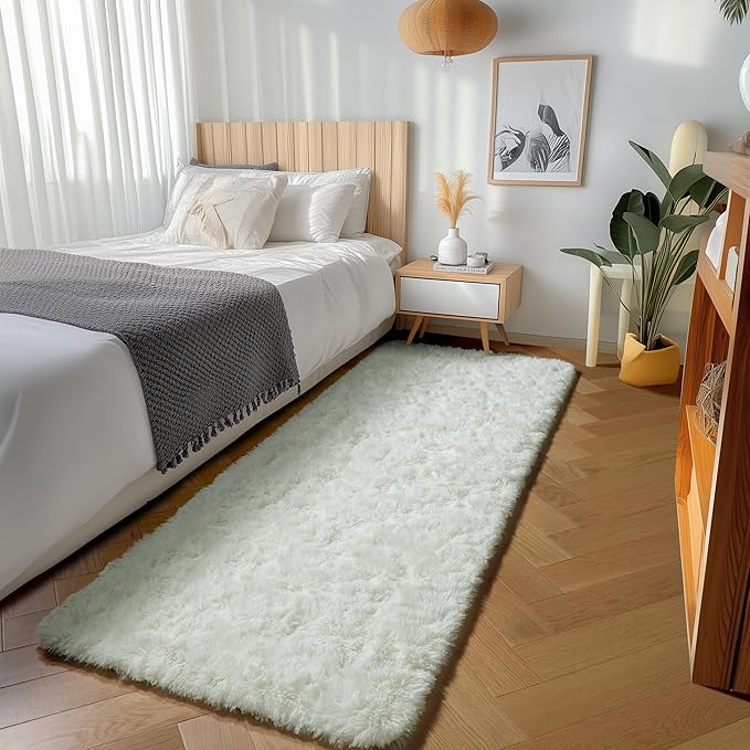 ONASAR Cream White Runner Rugs for Bedroom Living Room, Ivory Fluffy 2x6 Bedside Hallway Area Rug, Ultra Soft Plush Furry Faux Fur Non Slip Floor Carpet for Nursery Kids Dorm Closet Home Decor