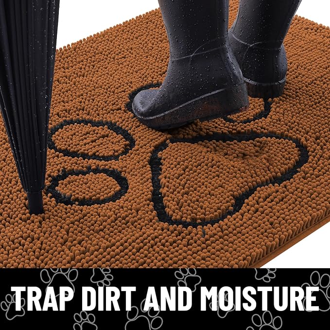 Smiry Dog Door Mat for Muddy Paws, Absorbent Dirt Trapper Non Slip Quick Dry Washable Chenille Mat for Mud Dogs, Entry Rug for Indoor and Outdoor (36x24 Inches, Ochre and Black)